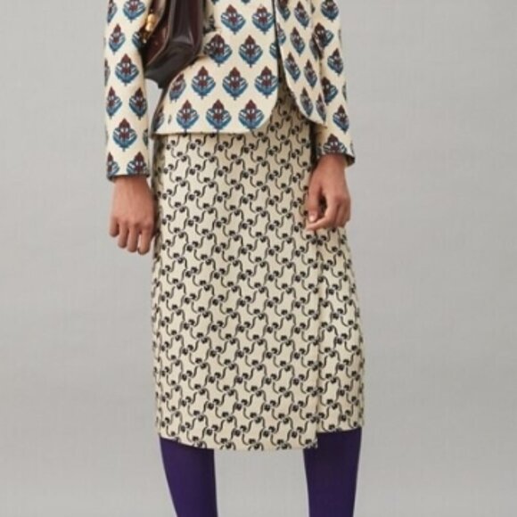 Tory Burch Twill Crepe Wrap Midi Skirt with Navy Stencil Floral S $498 - Picture 2 of 10